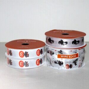 Lot 4 Place & Time Ribbon Black Cat Pumpkin wire edge satin white NEW Halloween